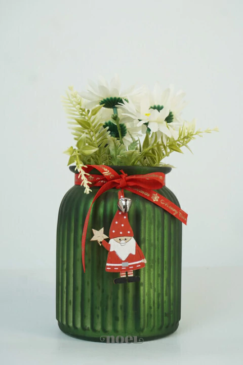 Vaso Vidro texturizado c/ Cordão/Papai Noel Verde/Vermelho- 15cm