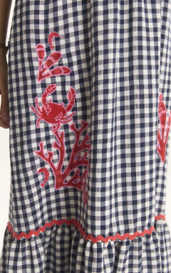 Vestido Algodão Vichy Azul Marinho Bordado Cantão - Almabô