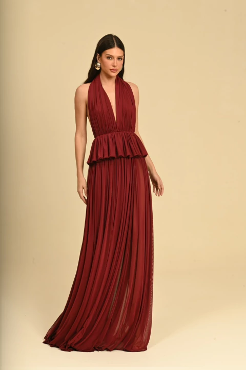 Vestido longo drapeado Bordô