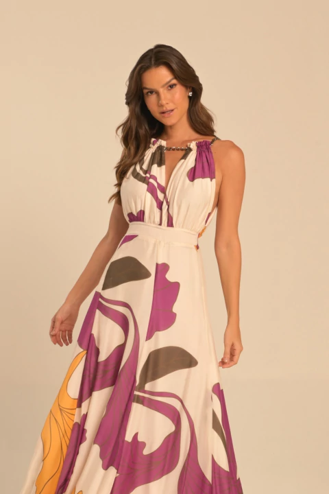 vestido longo estampado orquídea brasileira