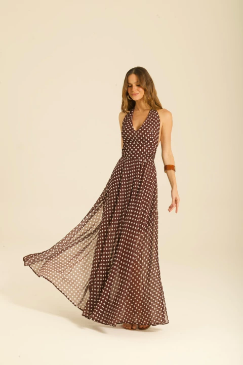 vestido longo poá marrom - comprar online