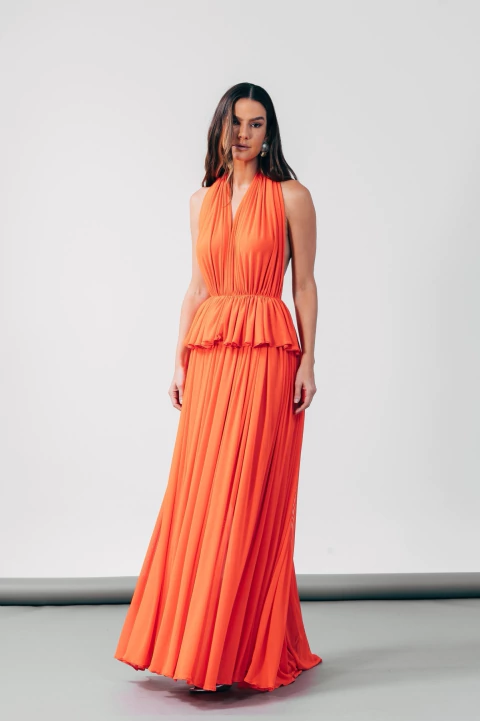 Vestido longo drapeado coral sunset