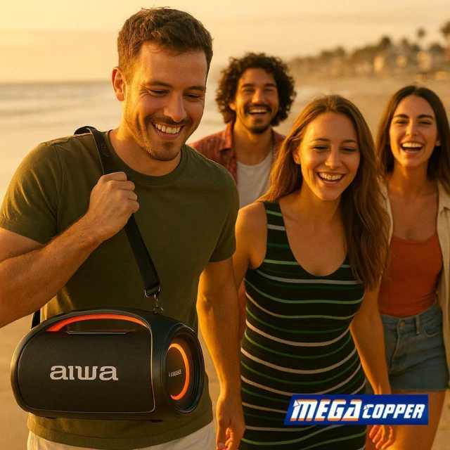 Aiwa AWS 544BT boombox com potência de áudio para uso interno e externo.