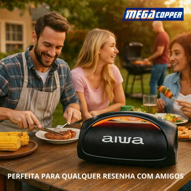 Caixa de som Aiwa AWS 544BT portátil com alça prática para transporte.
