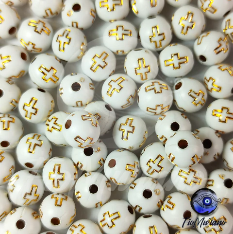 Bola com Cruz 8mm - Branco com Dourado