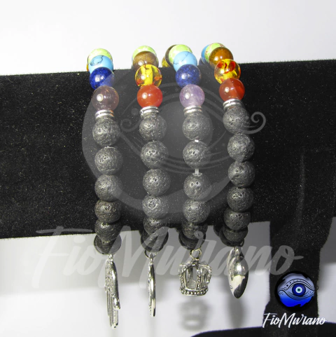 Pulseira 7 Chakras - Pedras Vulcânicas e Pingentes