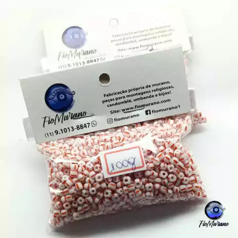 Missangão 6/0 Rajado - Pacote 100g - Branco com Vermelho