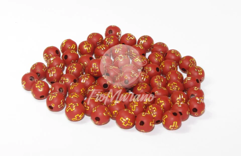 Bola com Cruz 8mm - Vinho com Dourado