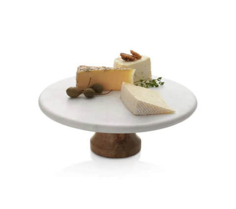 Plato posa torta elevado marmol y acacia 24 x 12 cm
