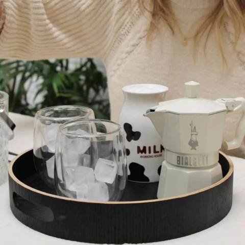 Bandeja redonda madera negra c/ asa 30x5 cm