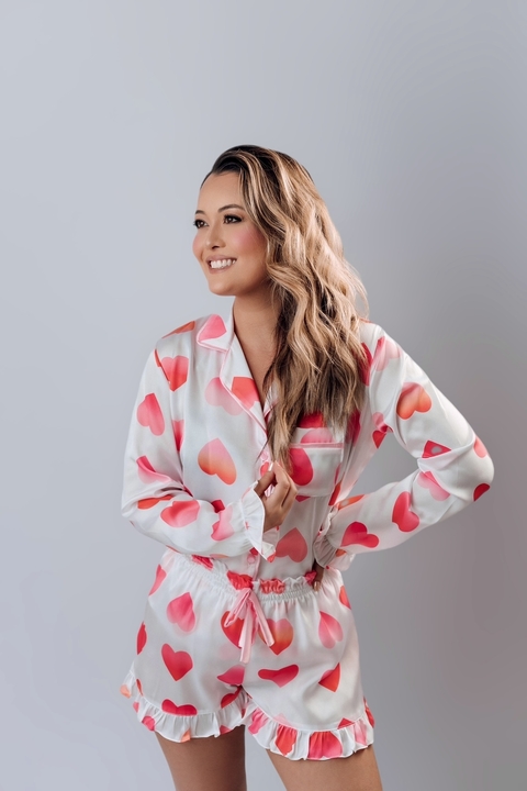 PIJAMA AMERICANO LONGO CETIM CORAÇÃO LOVE - comprar online