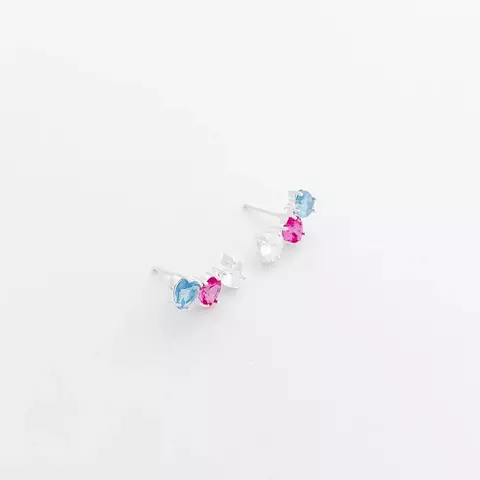 Brinco 3 Corações com Zircônia Branca, Água Marinha e Rubi Rose