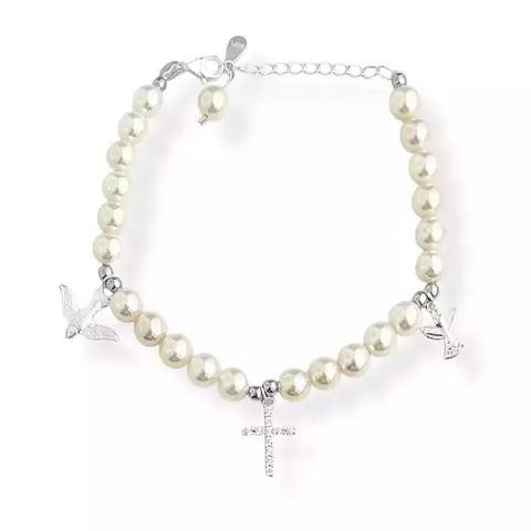 Pulseira de Pérolas com Pingentes Religiosos