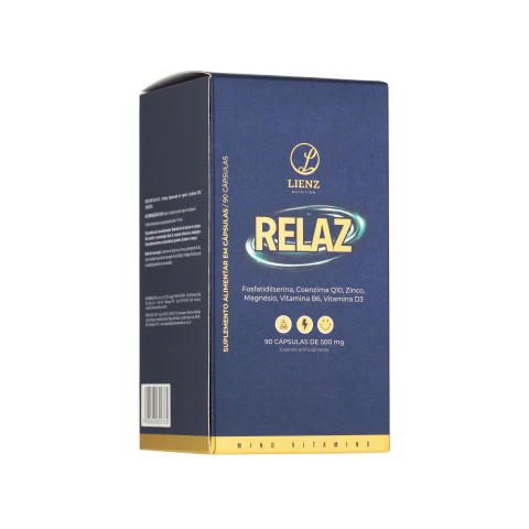 Caixa do RELAZ de frente, com o nome do produto e os constituintes impressos.
