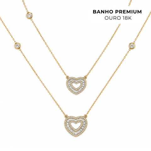 Escapulário Corações Zircônias Banho Ouro 18K