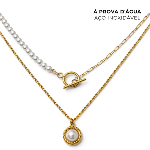 Colar Duplo Corrente Pérolas Aço Inoxidável Dourado