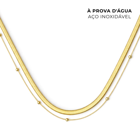 Colar Duplo Malha Serpente E Bolinhas Aço Inoxidável Dourado