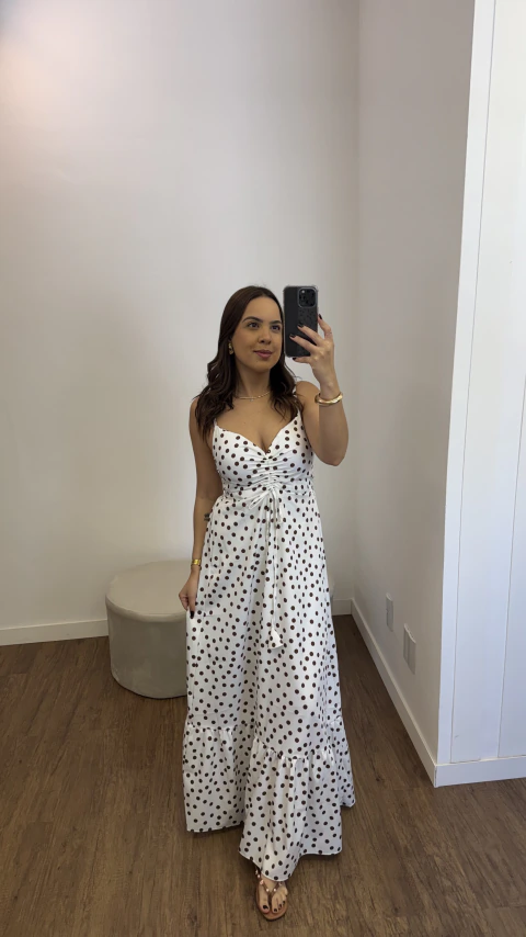 Vestido Longuete Franzido Poá Crepe