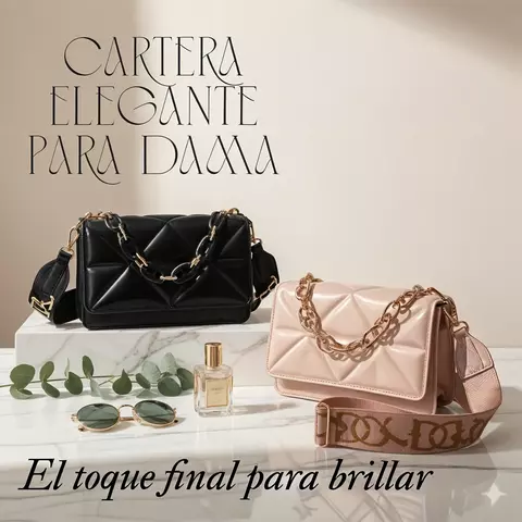 Carteras de lujo negra y otra rosa para mujer con diseño acolchado geométrico y cadena dorada, sostenida por una mano femenina