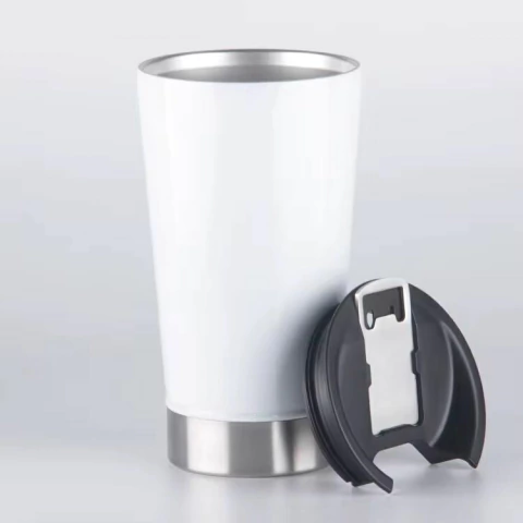 Vaso Térmico con abrebotellas y tapa, 473ml blanco y acero.