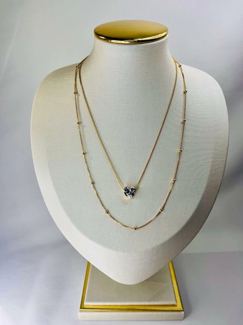 Colar Duplo Coração Cristal e Bolinhas Folheado a Ouro 18k