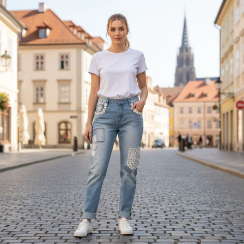 Pantalón Italiano de Jean con Detalles en Broderie - comprar online