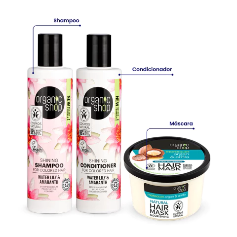 Kit Essencial Mega Brilho Organic Shop – Shampoo, Condicionador e Máscara