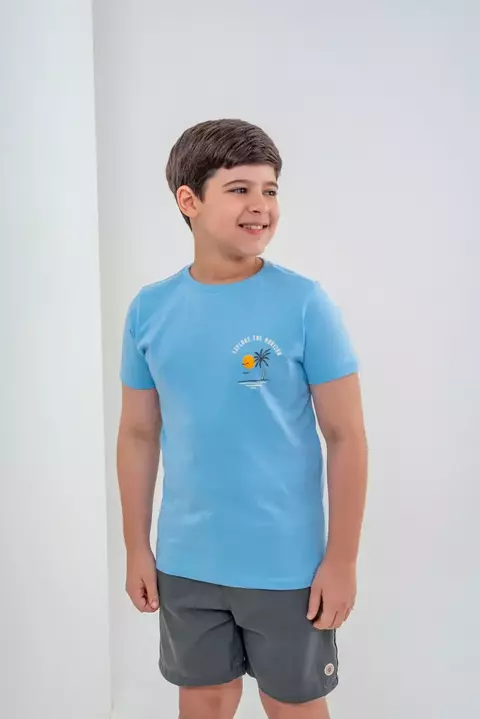 Conjunto Short em Linho cinza com Bolsos + Blusa Algodão (AZUL BB)