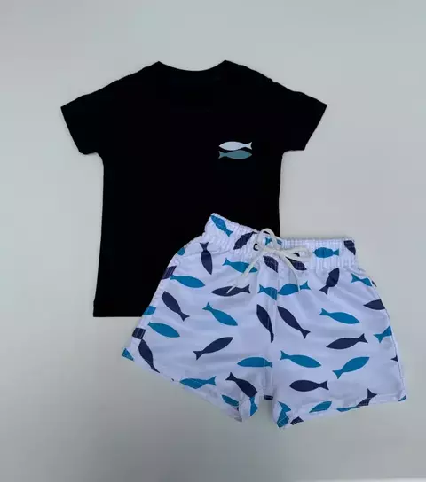 Conjunto Masculino Camisa PEIXES (MARINHO) + Short Mauricinho Tactel