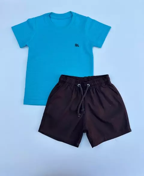 Conjunto Algodão TRICOT MEL (AZUL)+ SHORT BRIM (MARROM)