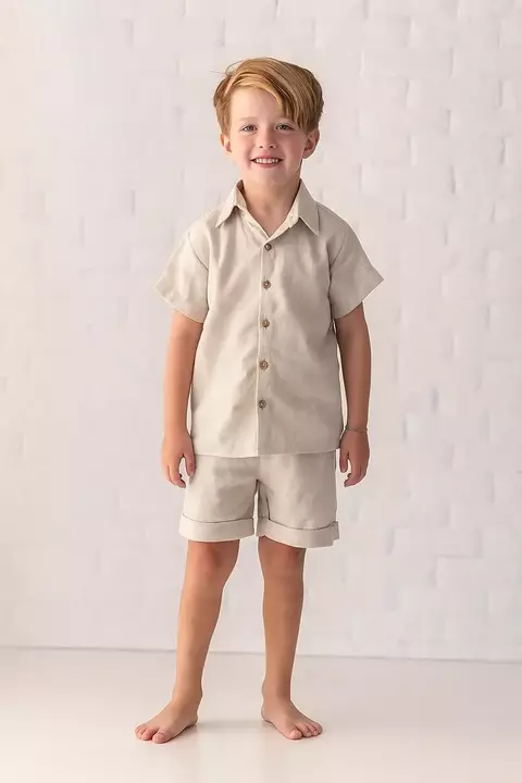 Conjunto LINHO CAMISA SOCIAL GOLA POLO (NATURAL/CRU)+ SHORT LINHO MIDI