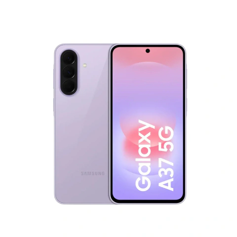 Teléfono celular Samsung Galaxy A37 5G color lavanda mostrando la parte frontal con pantalla encendida y la parte trasera con cámara triple