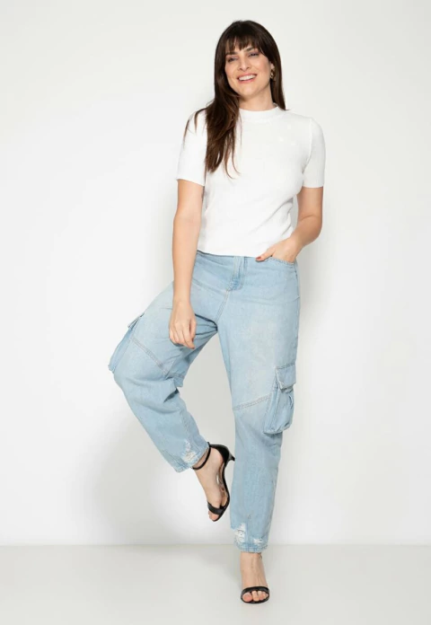 Blusa Canelada Manga Curta Decote Redondo Tricot Feminina Branco