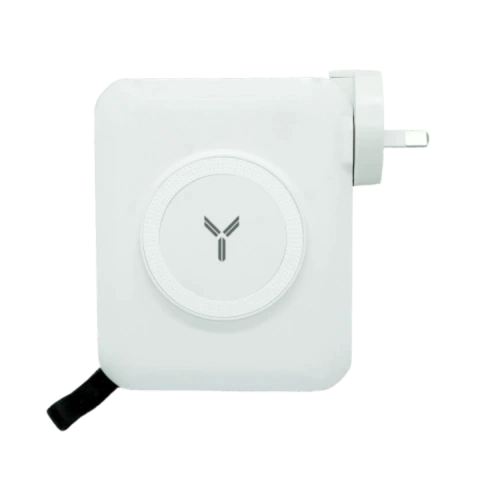 Cargador portátil Dellorean PowerOn Travel 15000mAh 65W 4 en 1 con MagSafe y enchufe rebatible, color blanco, ideal para notebooks y dispositivos USB-C