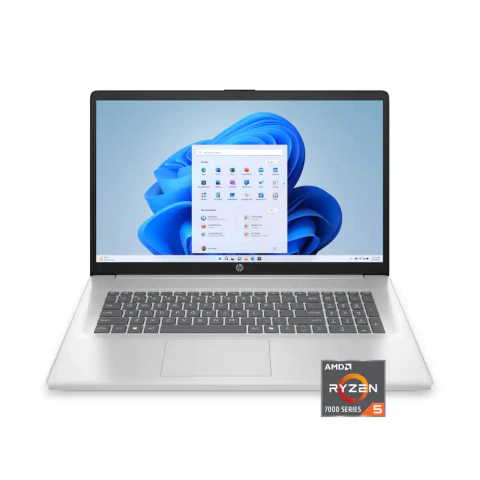 Notebook HP Pavilion 17 plateada con pantalla de 17,3 pulgadas, procesador AMD Ryzen 5, 8GB RAM y 512GB SSD, ejecutando Windows 11.