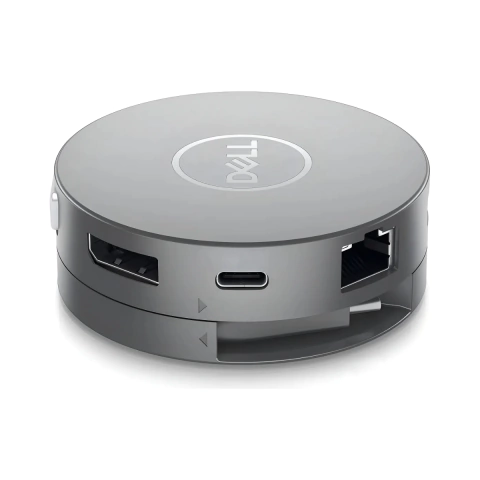 Adaptador Dell DA310 USB-C 7 en 1 multipuerto color gris, con conexiones HDMI, DisplayPort, VGA, RJ45 y USB, diseño compacto y portátil.