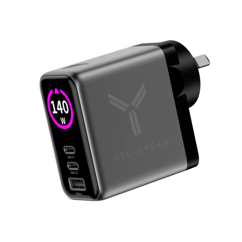Cargador ultra rápido Dellorean de 140W con display, puertos USB-C y USB-A, compatible con MacBook