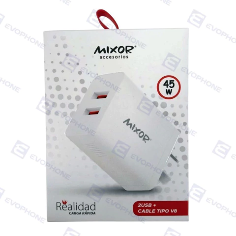 CARGADOR 220V MIXOR MOD009 – REALIDAD – 2 USB + CABLE V8 45W
