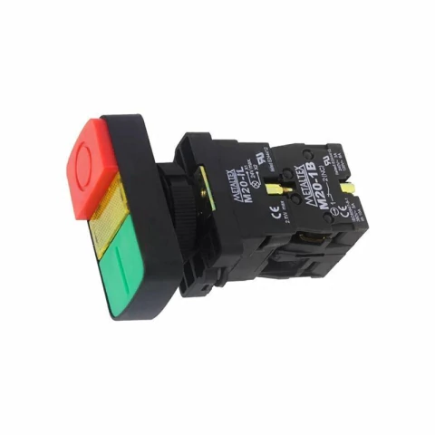BOTÃO DUPLO ILUMINADO 22MM PLASTICO VERDE/VERMELHO 220V 1NA+1NF - P20IDL-Y-1C