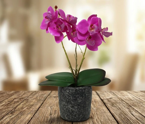 Orquídea Artificial Fucsia con Maceta Rústica Natural N°2