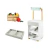 Kit Feirinha Magali completo com móvel infantil cinza e verde, duas bandejas organizadoras e caixa de brinquedo contendo frutas e verduras em miniatura coloridas, ideal para brincadeiras educativas.
