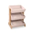 Estante organizadora Mulan de madeira com três prateleiras inclinadas, ideal para organização de brinquedos e livros.