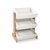 Estante organizadora Mulan de madeira com três prateleiras inclinadas, ideal para organização de brinquedos e livros.