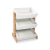 Estante organizadora Mulan de madeira com três prateleiras inclinadas, ideal para organização de brinquedos e livros.