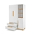 Roupeiro Bolt branco com detalhes em madeira, duas portas, duas gavetas e prateleiras laterais, ideal para organização de roupas e acessórios.
