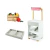 Kit Feirinha Magali completo com móvel infantil cinza e vermelho, duas bandejas organizadoras e caixa de brinquedo contendo frutas e verduras em miniatura coloridas, ideal para brincadeiras educativas.
