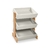 Estante organizadora Mulan de madeira com três prateleiras inclinadas, ideal para organização de brinquedos e livros.