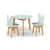 Conjunto Mesa Infantil Tiko verde com duas cadeiras Raya, estrutura de madeira clara e assentos com encosto em formato de borboleta, ideal para ambientes infantis.