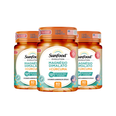 KIT 03 MAGNÉSIO DIMALATO + CÚRCUMA 1000MG 60 CAPSULAS - SUNFOOD EVOLUTION