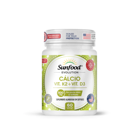 CÁLCIO + VITAMINA K2 + VITAMINA D3 500MG 60 SOFTGELS SUNFOOD EVOLUTION